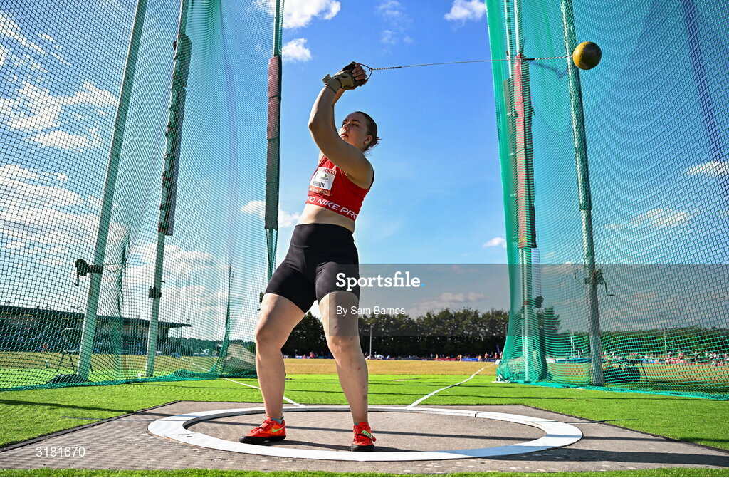 9 July 2025; Suvi Koskinen of Finland competes in the Inspire (Credit Union) Women's Hammer during the Cork City Sports meet at MTU Arena in Cork. Photo by Sam Barnes/Sportsfile