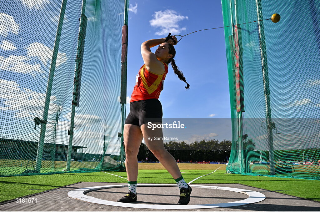 9 July 2025; Margaret Hayden of Ireland competes in the Inspire (Credit Union) Women's Hammer during the Cork City Sports meet at MTU Arena in Cork. Photo by Sam Barnes/Sportsfile