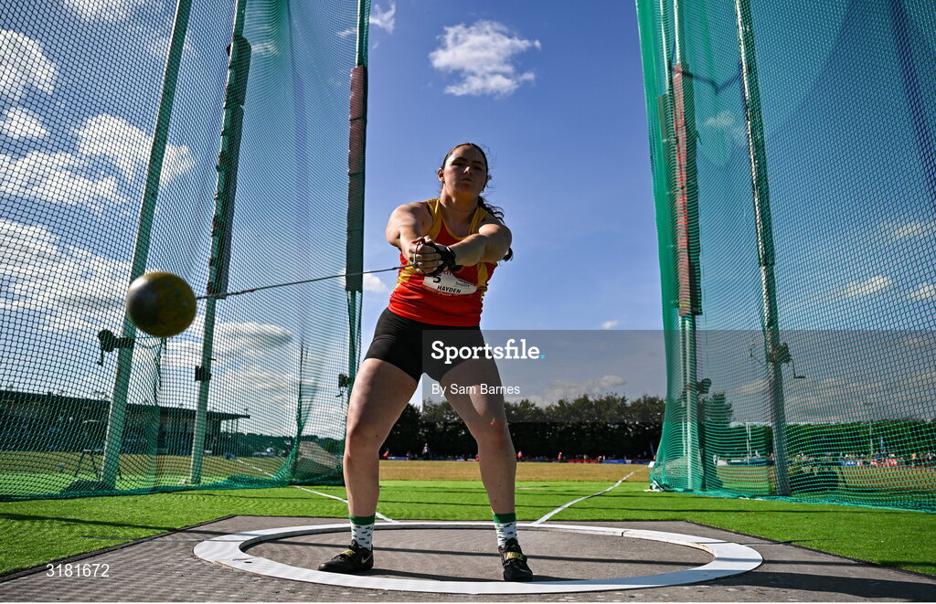 9 July 2025; Margaret Hayden of Ireland competes in the Inspire (Credit Union) Women's Hammer during the Cork City Sports meet at MTU Arena in Cork. Photo by Sam Barnes/Sportsfile
