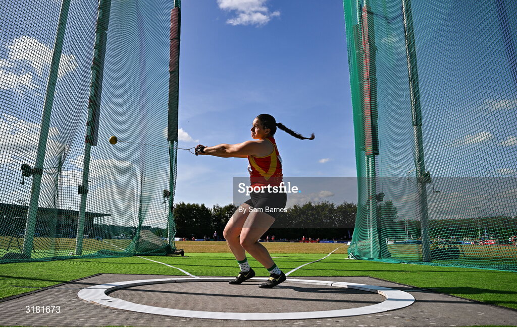9 July 2025; Margaret Hayden of Ireland competes in the Inspire (Credit Union) Women's Hammer during the Cork City Sports meet at MTU Arena in Cork. Photo by Sam Barnes/Sportsfile