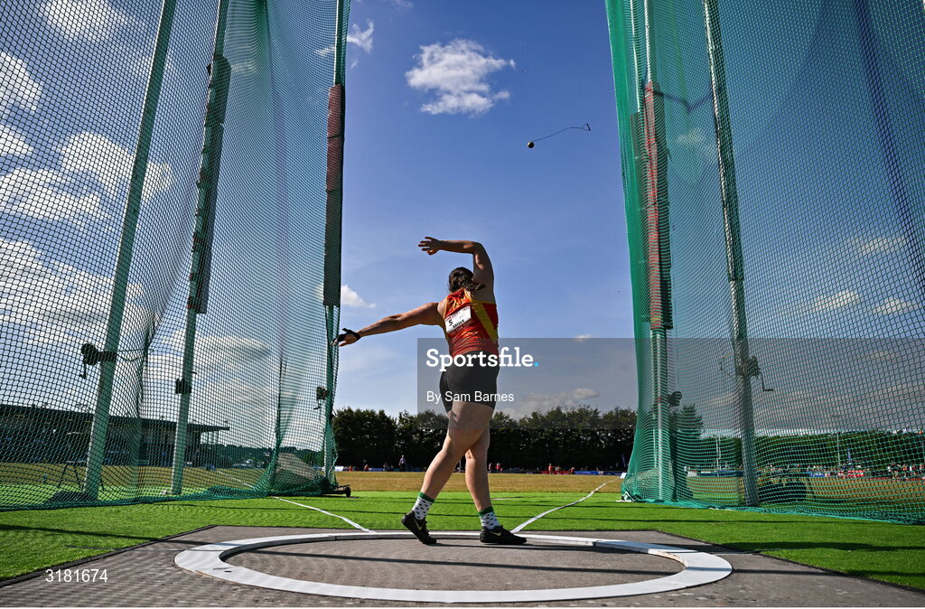 9 July 2025; Margaret Hayden of Ireland competes in the Inspire (Credit Union) Women's Hammer during the Cork City Sports meet at MTU Arena in Cork. Photo by Sam Barnes/Sportsfile