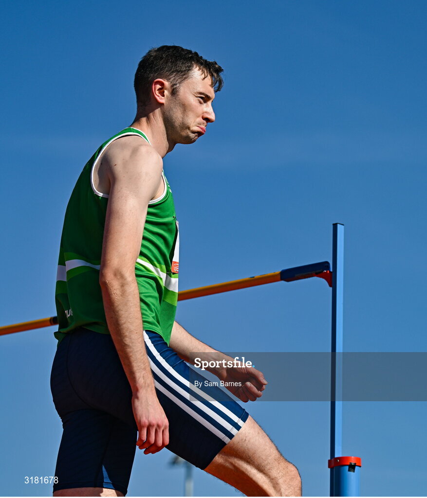9 July 2025; David Cussen of Old Abbey AC after a clearance in the C103 and Cork's 96FM Men's High Jump during the Cork City Sports meet at MTU Arena in Cork. Photo by Sam Barnes/Sportsfile