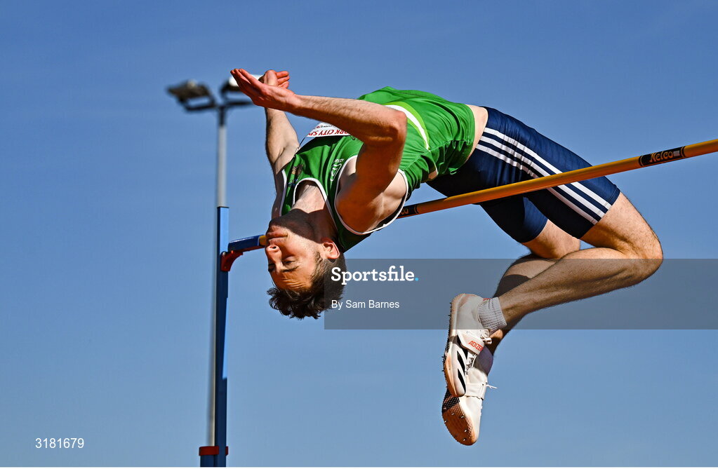 9 July 2025; David Cussen of Old Abbey AC competes in the C103 and Cork's 96FM Men's High Jump during the Cork City Sports meet at MTU Arena in Cork. Photo by Sam Barnes/Sportsfile