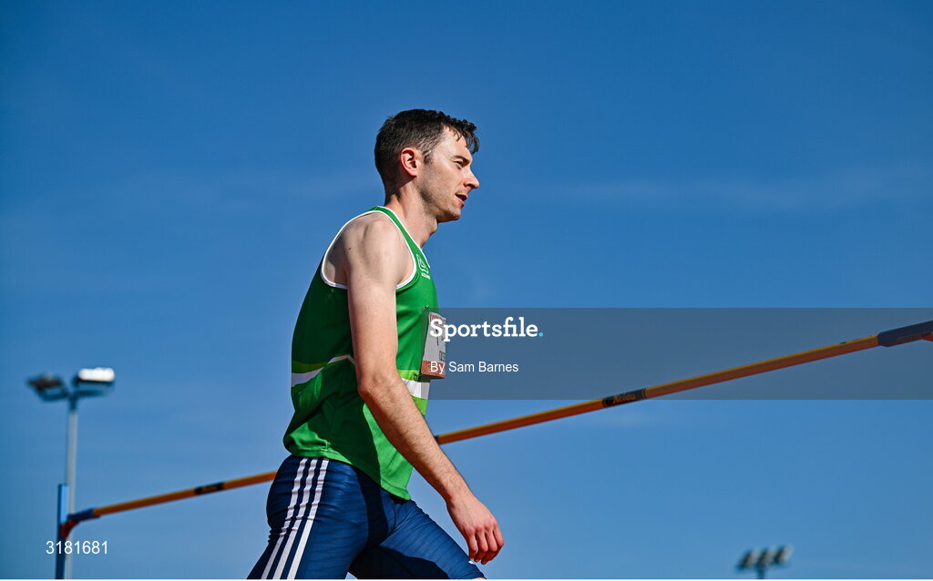 9 July 2025; David Cussen of Old Abbey AC after a clearance in the C103 and Cork's 96FM Men's High Jump during the Cork City Sports meet at MTU Arena in Cork. Photo by Sam Barnes/Sportsfile