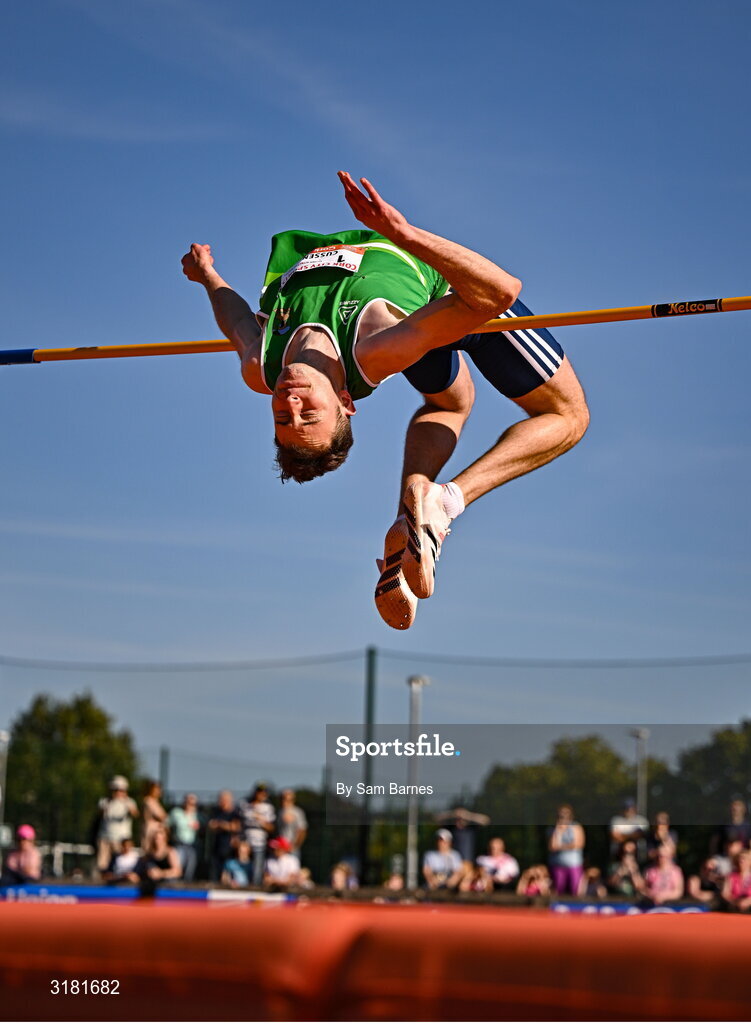 9 July 2025; David Cussen of Old Abbey AC competes in the C103 and Cork's 96FM Men's High Jump during the Cork City Sports meet at MTU Arena in Cork. Photo by Sam Barnes/Sportsfile
