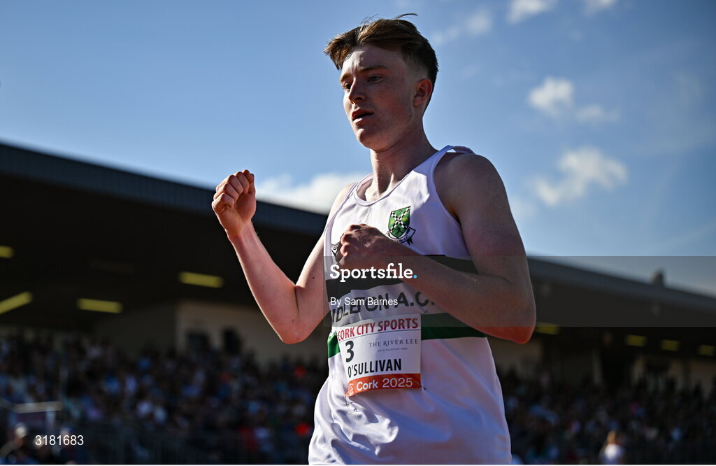 9 July 2025; Odhran O'Sullivan of Midleton celebrates after winning The River Lee Hotel Junior Men's 1500m during the Cork City Sports meet at MTU Arena in Cork. Photo by Sam Barnes/Sportsfile