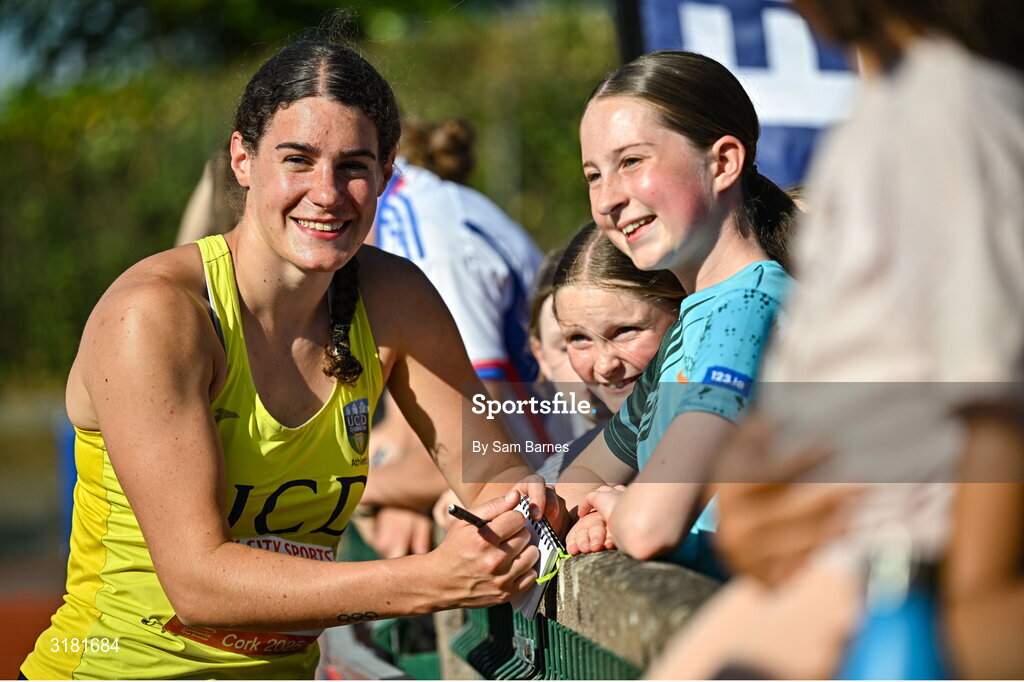 9 July 2025; Nicola Tuthill of Ireland signs autographs for supporters after competing in the Inspire (Credit Union) Women's Hammer during the Cork City Sports meet at MTU Arena in Cork. Photo by Sam Barnes/Sportsfile