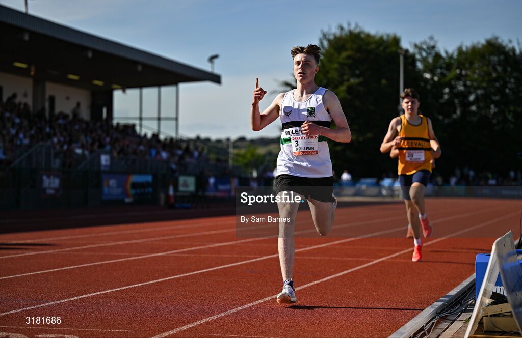 9 July 2025; Odhran O'Sullivan of Midleton celebrates on his way to winning The River Lee Hotel Junior Men's 1500m during the Cork City Sports meet at MTU Arena in Cork. Photo by Sam Barnes/Sportsfile