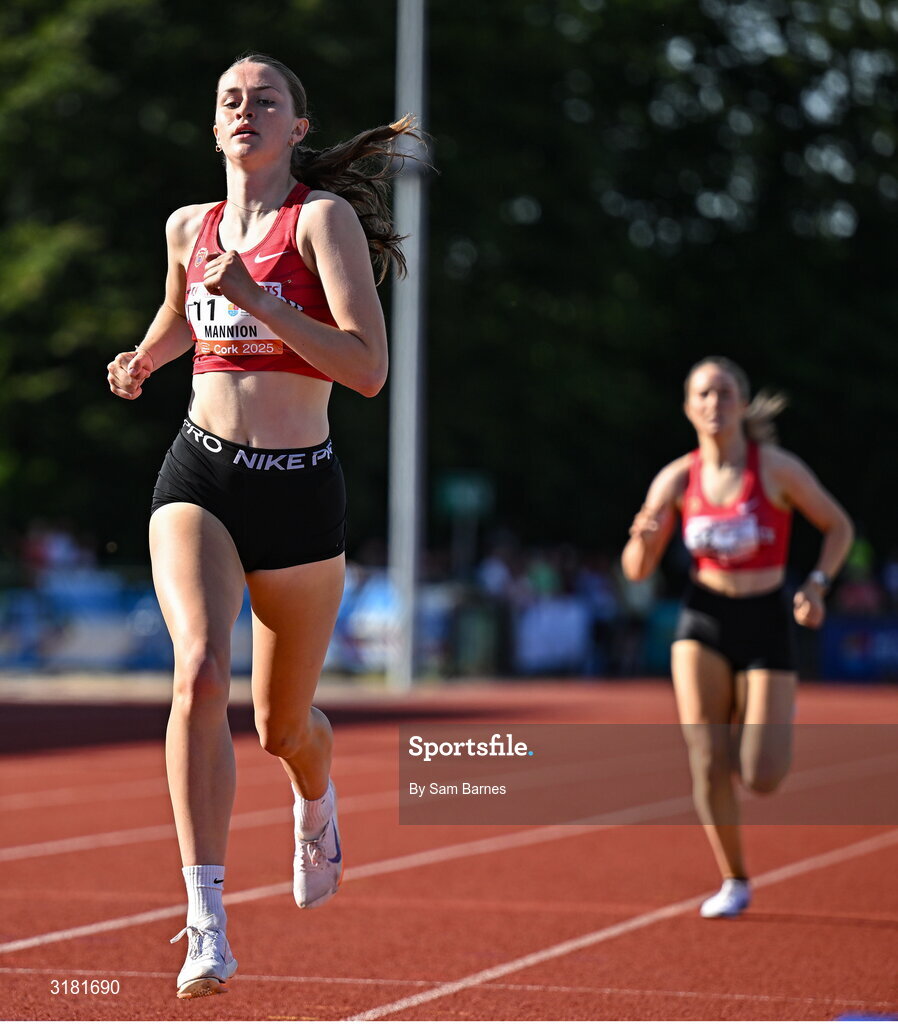 9 July 2025; Faye Mannion of Ennis Track Club on her way to winning the MTU Junior Women's 800m during the Cork City Sports meet at MTU Arena in Cork. Photo by Sam Barnes/Sportsfile