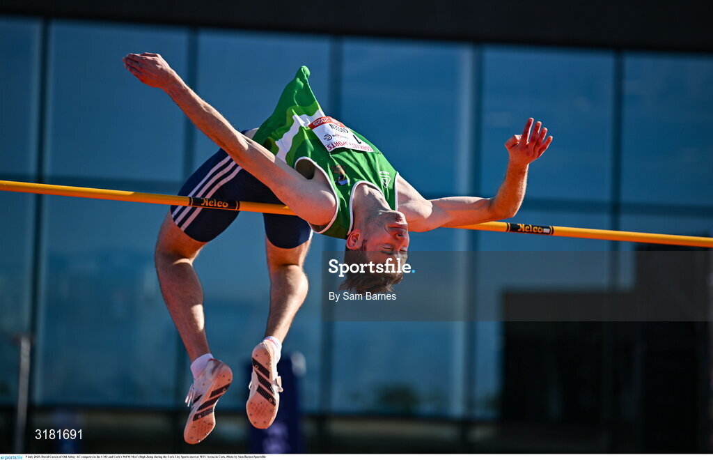 9 July 2025; David Cussen of Old Abbey AC competes in the C103 and Cork's 96FM Men's High Jump during the Cork City Sports meet at MTU Arena in Cork. Photo by Sam Barnes/Sportsfile