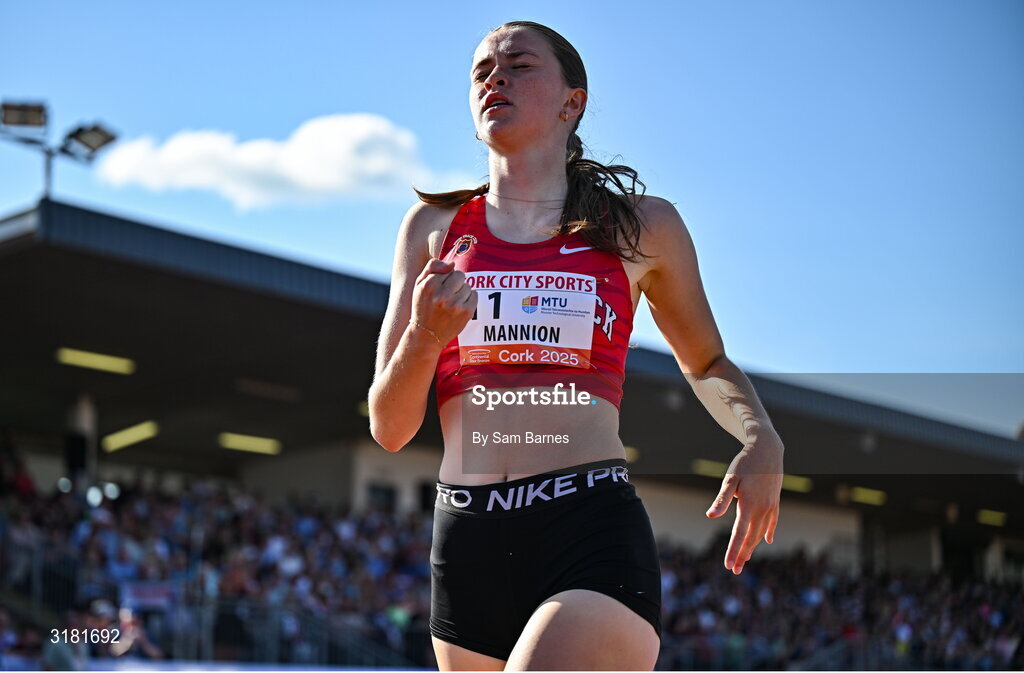 9 July 2025; Faye Mannion of Ennis Track Club after winning the MTU Junior Women's 800m during the Cork City Sports meet at MTU Arena in Cork. Photo by Sam Barnes/Sportsfile