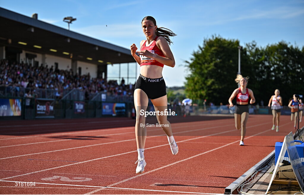 9 July 2025; Faye Mannion of Ennis Track Club on her way to winning the MTU Junior Women's 800m during the Cork City Sports meet at MTU Arena in Cork. Photo by Sam Barnes/Sportsfile