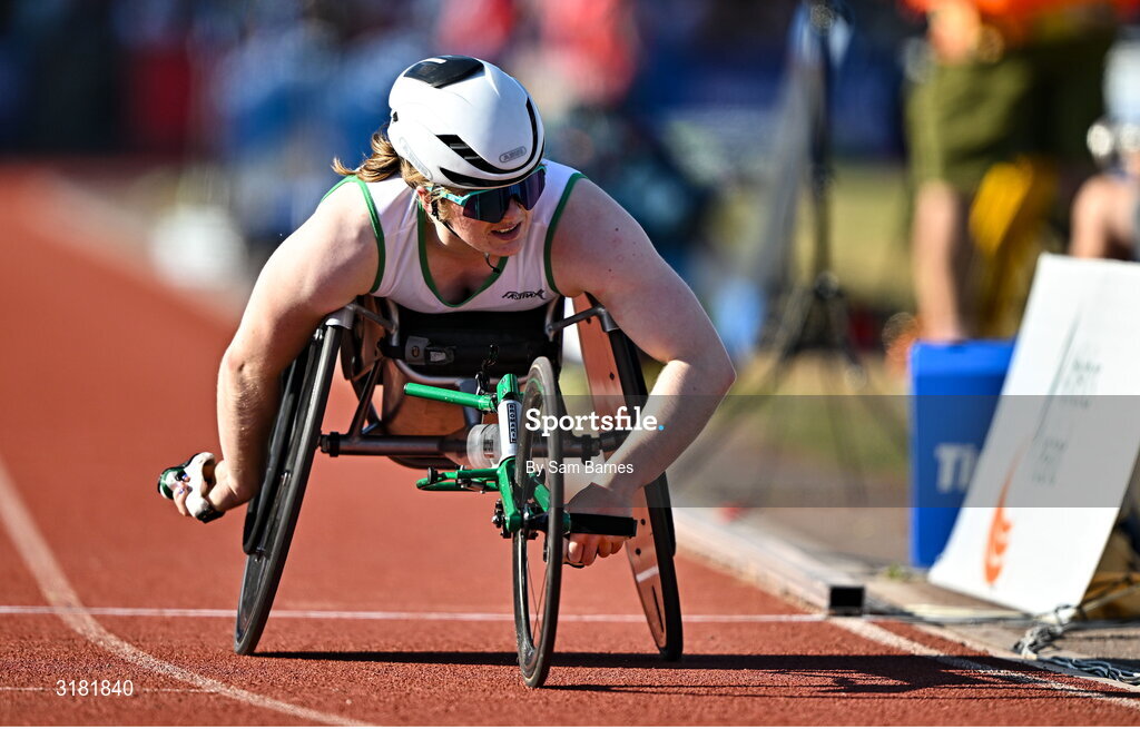 9 July 2025; Shauna Bocquet of Ireland crosses the finishing line to finish second the LeisureWorld and Cork Sports Partnership T54 Women's 800m during the Cork City Sports meet at MTU Arena in Cork. Photo by Sam Barnes/Sportsfile