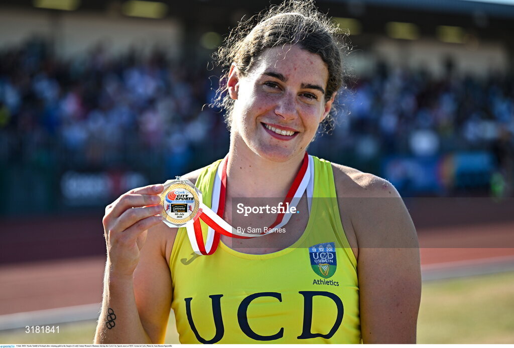 9 July 2025; Nicola Tuthill of Ireland after winning gold in the Inspire (Credit Union) Women's Hammer during the Cork City Sports meet at MTU Arena in Cork. Photo by Sam Barnes/Sportsfile