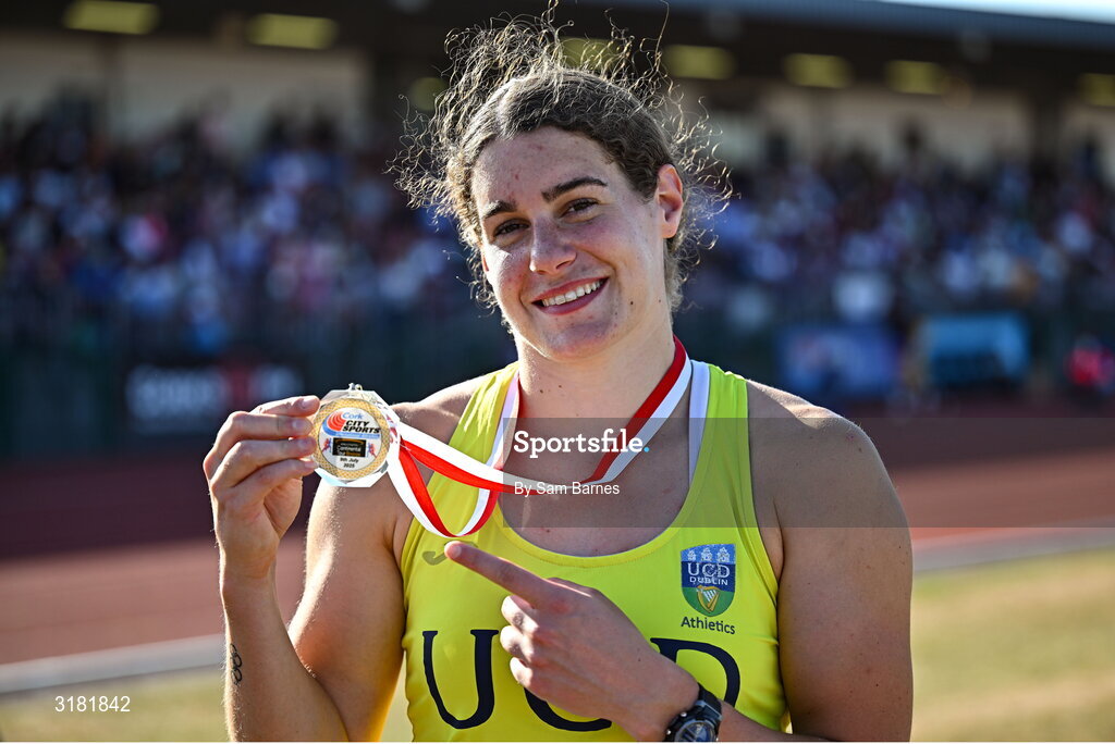 9 July 2025; Nicola Tuthill of Ireland after winning gold in the Inspire (Credit Union) Women's Hammer during the Cork City Sports meet at MTU Arena in Cork. Photo by Sam Barnes/Sportsfile