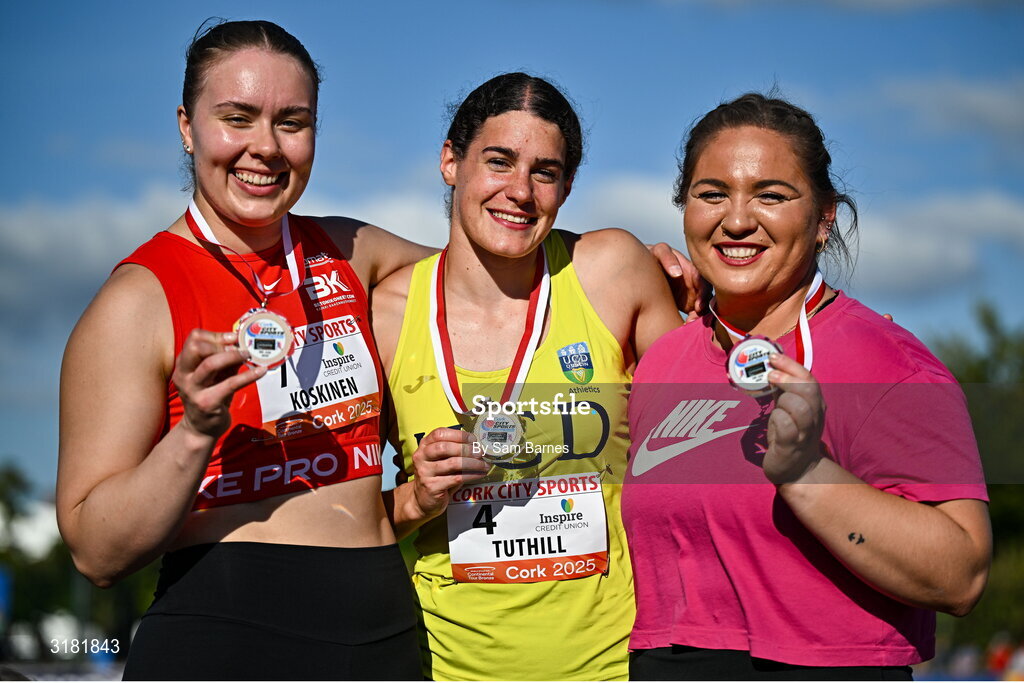 9 July 2025; Nicola Tuthill of Ireland after winning gold, centre, alongside Beatrice Llano of Norway, right, who won silver, and Suvi Koskinen of Finland, left, who won bronze, in the Inspire (Credit Union) Women's Hammer during the Cork City Sports meet at MTU Arena in Cork. Photo by Sam Barnes/Sportsfile