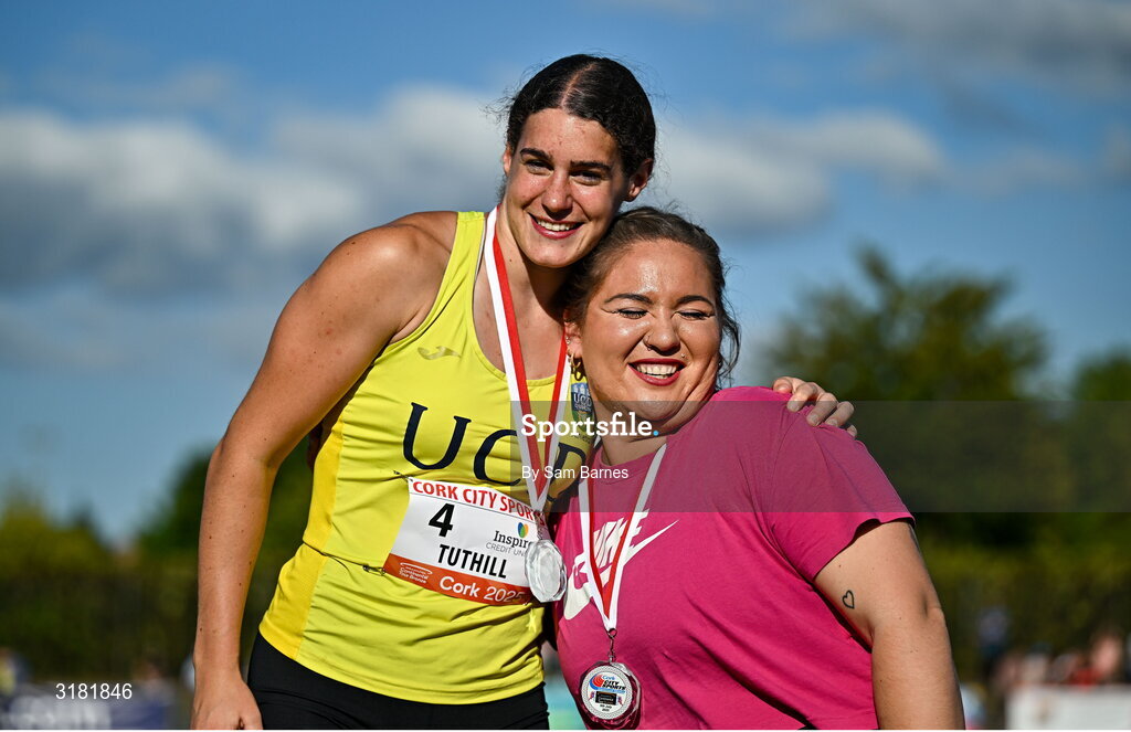 9 July 2025; Nicola Tuthill of Ireland after winning gold, left, and Beatrice Llano of Norway, who won silver, in the Inspire (Credit Union) Women's Hammer during the Cork City Sports meet at MTU Arena in Cork. Photo by Sam Barnes/Sportsfile