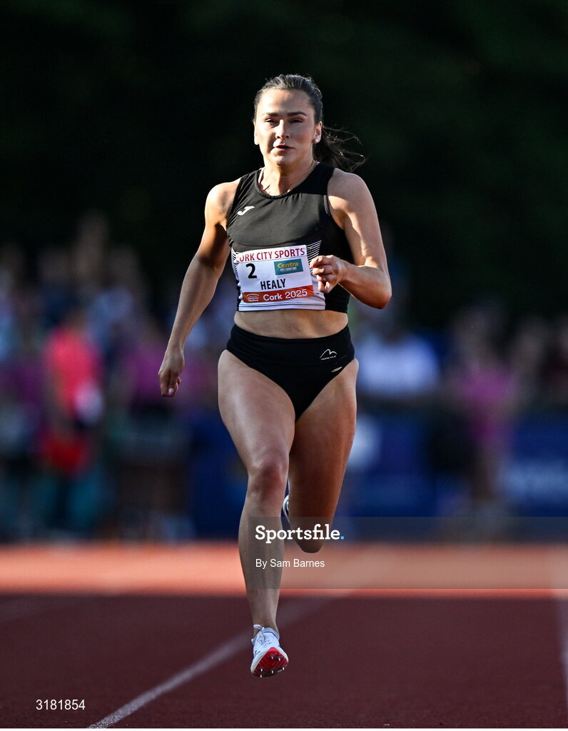 9 July 2025; Phil Healy of Ireland competes in the Centra Women's 100m during the Cork City Sports meet at MTU Arena in Cork. Photo by Sam Barnes/Sportsfile