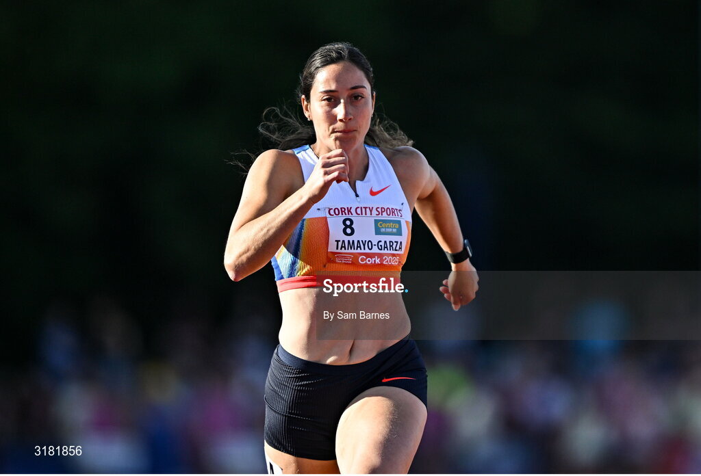 9 July 2025; Cecilia Tamayo-Garza of Mexico competes in the Centra Women's 100m  during the Cork City Sports meet at MTU Arena in Cork. Photo by Sam Barnes/Sportsfile