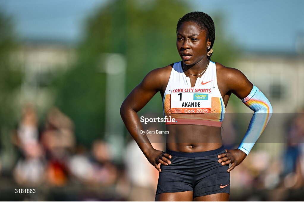 9 July 2025; Mabel Akande of Great Britain after winning the Centra Women's 100m during the Cork City Sports meet at MTU Arena in Cork. Photo by Sam Barnes/Sportsfile
