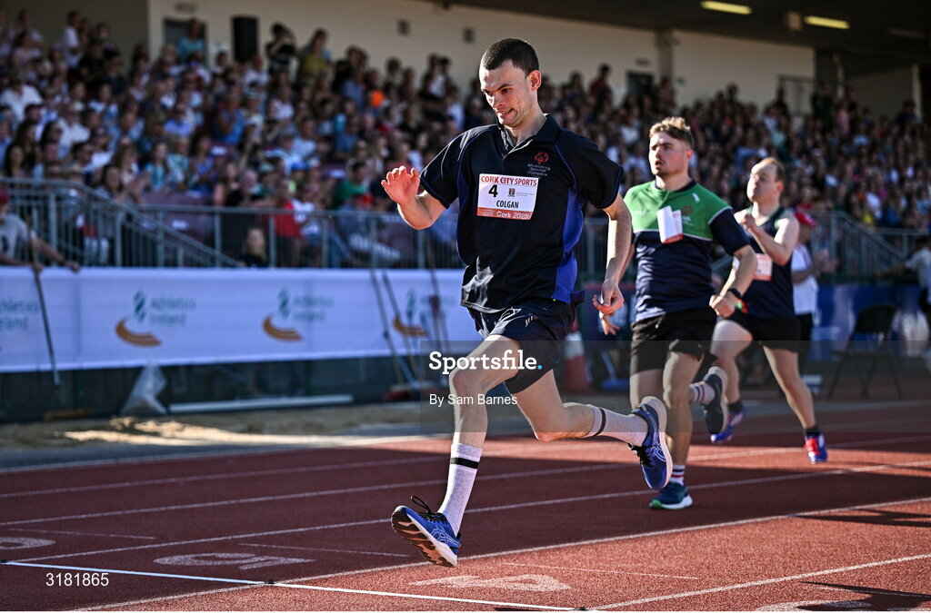 9 July 2025; Paul Colgan of Muskerry Special Olympics Club, right, on his way to winning the Cork City Council Special Olympics 100m during the Cork City Sports meet at MTU Arena in Cork. Photo by Sam Barnes/Sportsfile