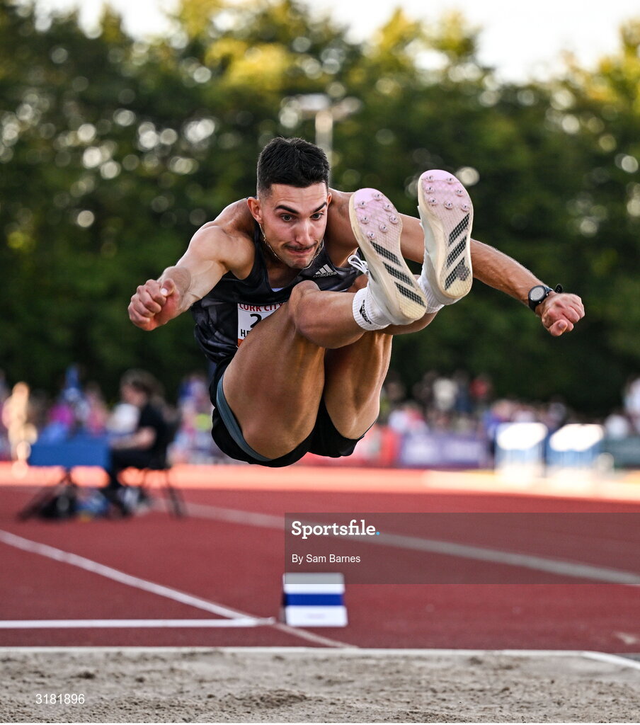 9 July 2025; Jacob Hristianopoulos of Greece competes in the AON Hewitt Men's Long Jump during the Cork City Sports meet at MTU Arena in Cork. Photo by Sam Barnes/Sportsfile