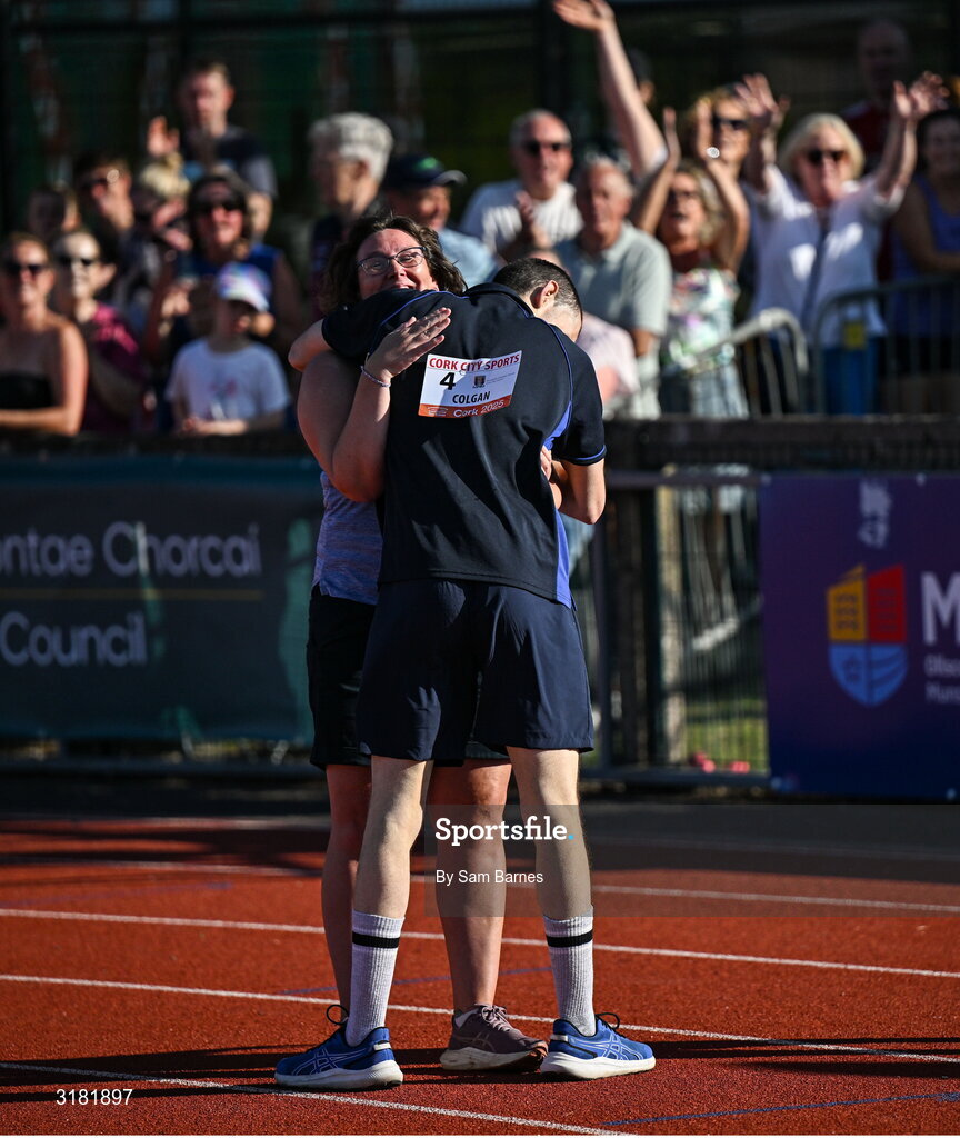 9 July 2025; Paul Colgan of Muskerry Special Olympics Club, right, celebrates with his coach Colette O'Riordan after winning the Cork City Council Special Olympics 100m during the Cork City Sports meet at MTU Arena in Cork. Photo by Sam Barnes/Sportsfile