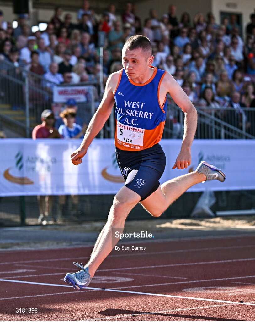 9 July 2025; Cathal Ryan (T47) of West Muskerry AC crosses the finishing line to win the Paralympics Ireland and LeisureWorld Ambulant Men's 100m during the Cork City Sports meet at MTU Arena in Cork. Photo by Sam Barnes/Sportsfile