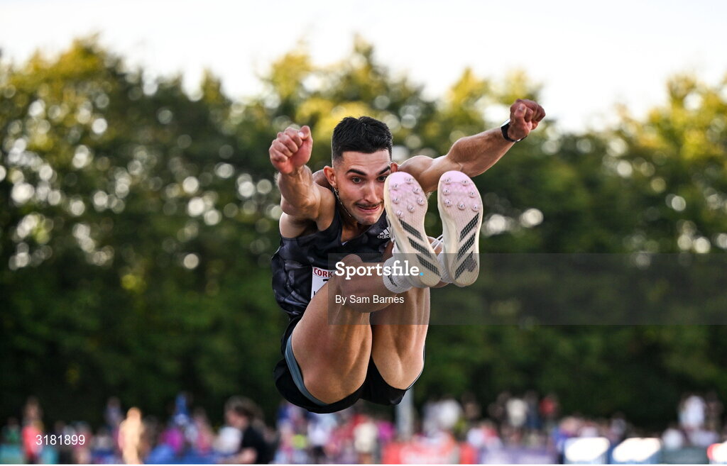 9 July 2025; Jacob Hristianopoulos of Greece competes in the AON Hewitt Men's Long Jump during the Cork City Sports meet at MTU Arena in Cork. Photo by Sam Barnes/Sportsfile