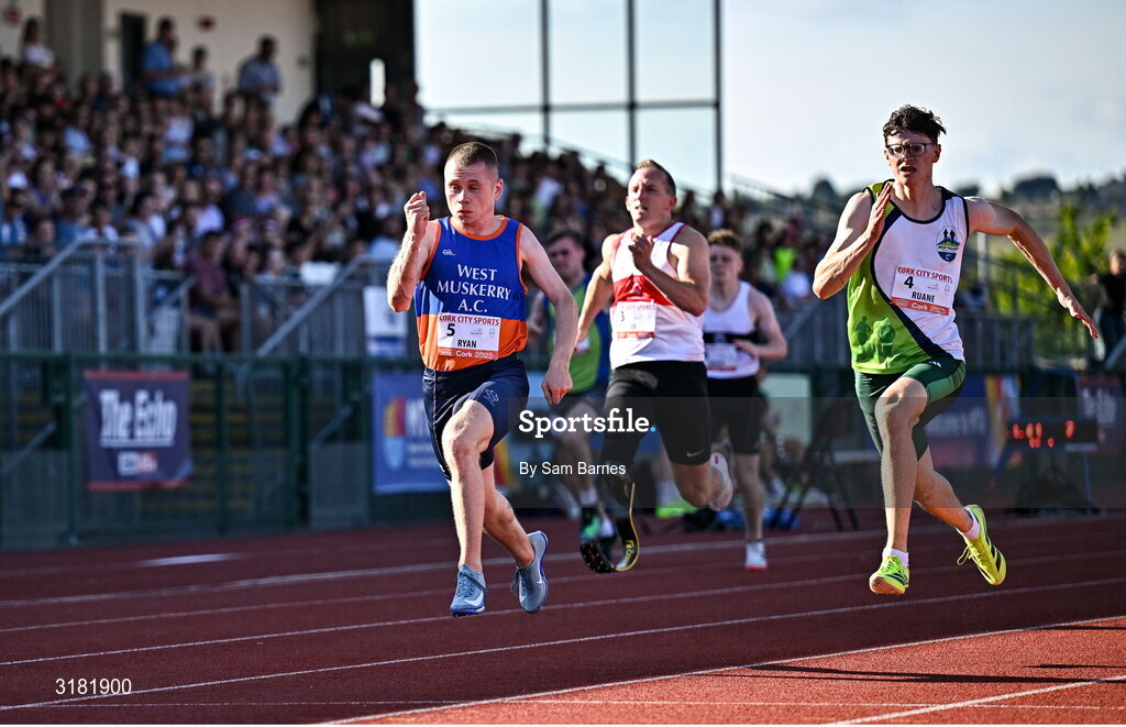 9 July 2025; Cathal Ryan (T47) of West Muskerry AC on his way to winning the Paralympics Ireland and LeisureWorld Ambulant Men's 100m during the Cork City Sports meet at MTU Arena in Cork. Photo by Sam Barnes/Sportsfile