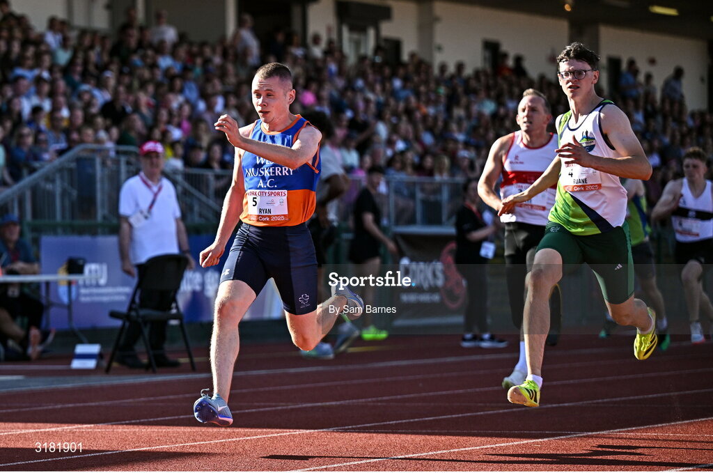 9 July 2025; Cathal Ryan (T47) of West Muskerry AC on his way to winning the Paralympics Ireland and LeisureWorld Ambulant Men's 100m during the Cork City Sports meet at MTU Arena in Cork. Photo by Sam Barnes/Sportsfile