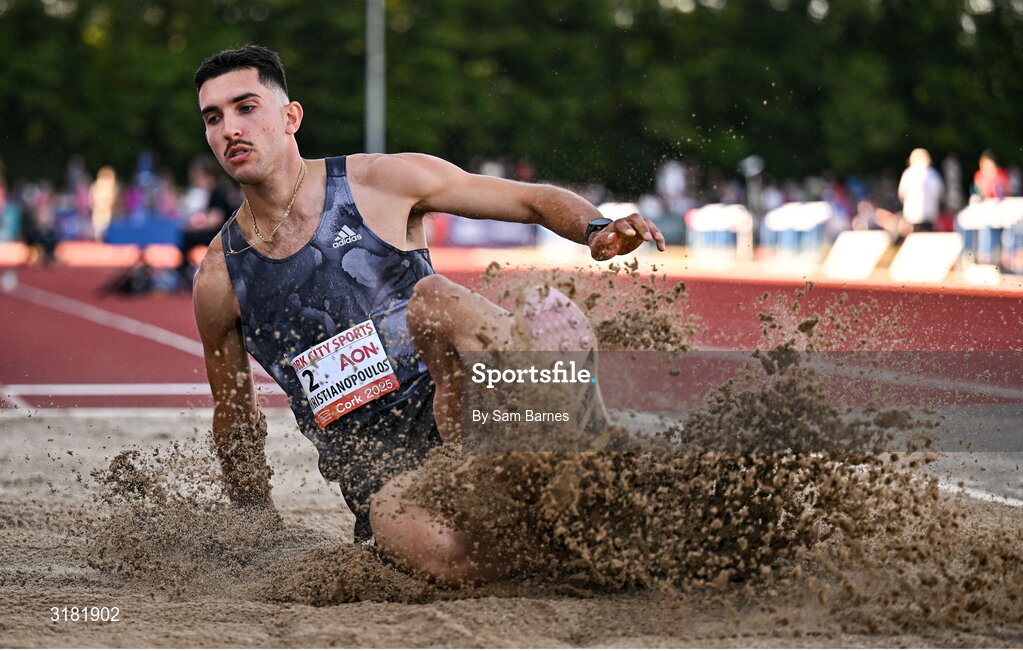 9 July 2025; Jacob Hristianopoulos of Greece competes in the AON Hewitt Men's Long Jump during the Cork City Sports meet at MTU Arena in Cork. Photo by Sam Barnes/Sportsfile