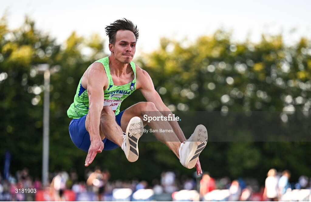 9 July 2025; Dino Subasic of Slovenia competes in the AON Hewitt Men's Long Jump during the Cork City Sports meet at MTU Arena in Cork. Photo by Sam Barnes/Sportsfile