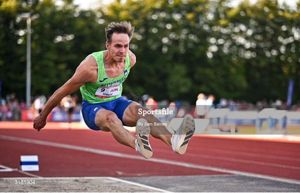 9 July 2025; Dino Subasic of Slovenia competes in the AON Hewitt Men's Long Jump during the Cork City Sports meet at MTU Arena in Cork. Photo by Sam Barnes/Sportsfile