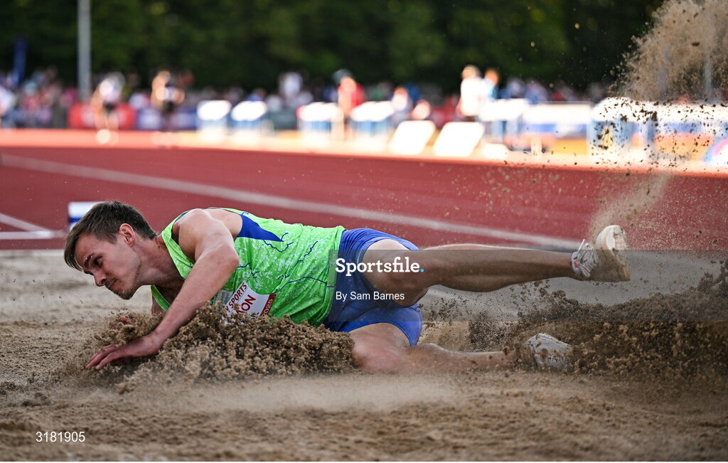 9 July 2025; Dino Subasic of Slovenia competes in the AON Hewitt Men's Long Jump during the Cork City Sports meet at MTU Arena in Cork. Photo by Sam Barnes/Sportsfile