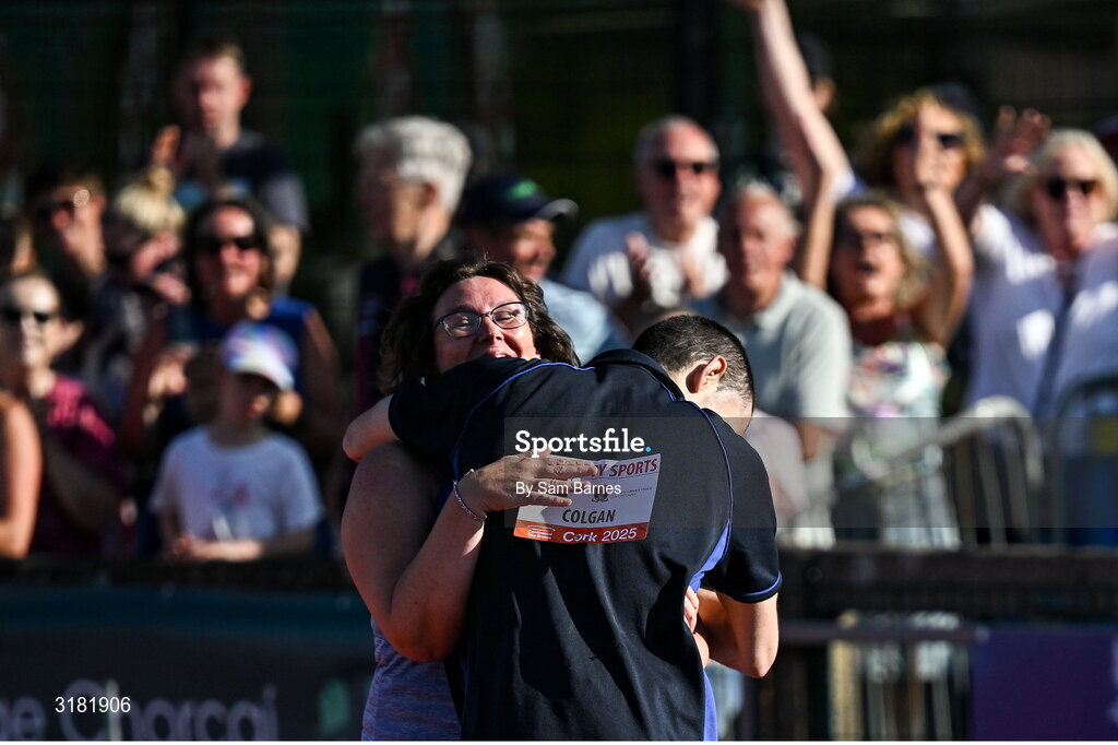 9 July 2025; Paul Colgan of Muskerry Special Olympics Club, right, celebrates with his coach Colette O'Riordan after winning the Cork City Council Special Olympics 100m during the Cork City Sports meet at MTU Arena in Cork. Photo by Sam Barnes/Sportsfile
