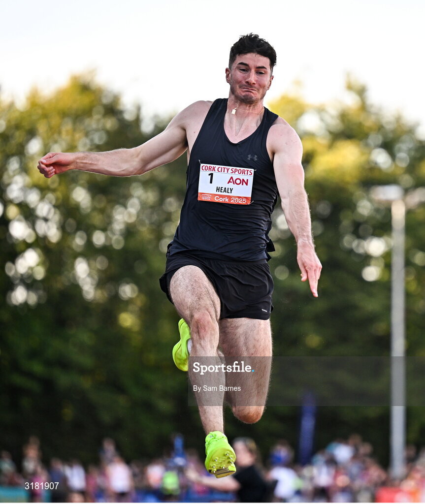 9 July 2025; Sam Healy of Ireland competes in the AON Hewitt Men's Long Jump during the Cork City Sports meet at MTU Arena in Cork. Photo by Sam Barnes/Sportsfile