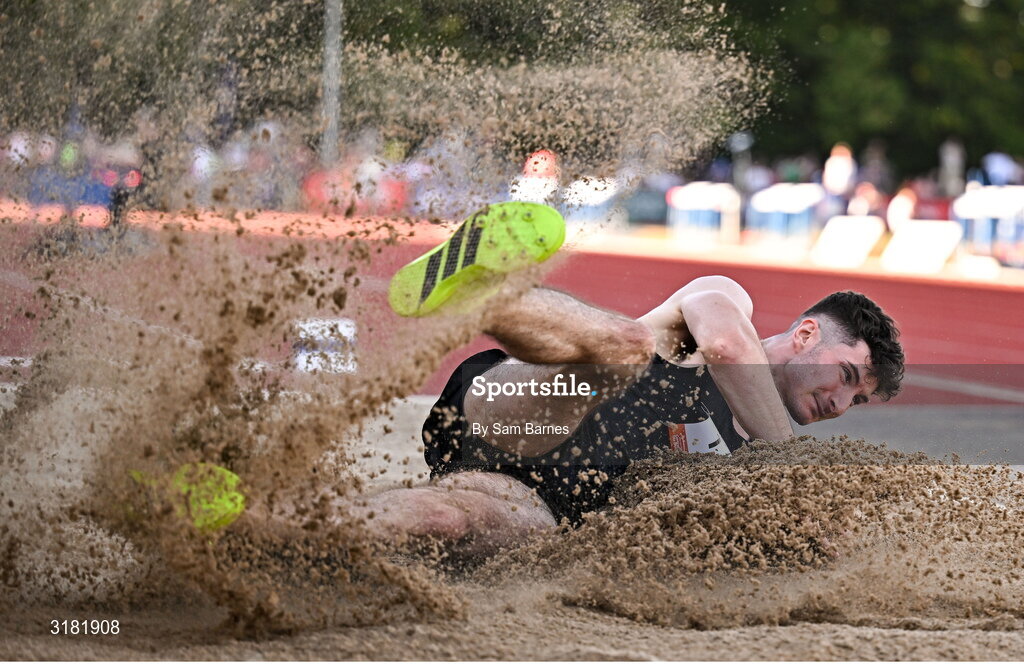 9 July 2025; Sam Healy of Ireland competes in the AON Hewitt Men's Long Jump during the Cork City Sports meet at MTU Arena in Cork. Photo by Sam Barnes/Sportsfile
