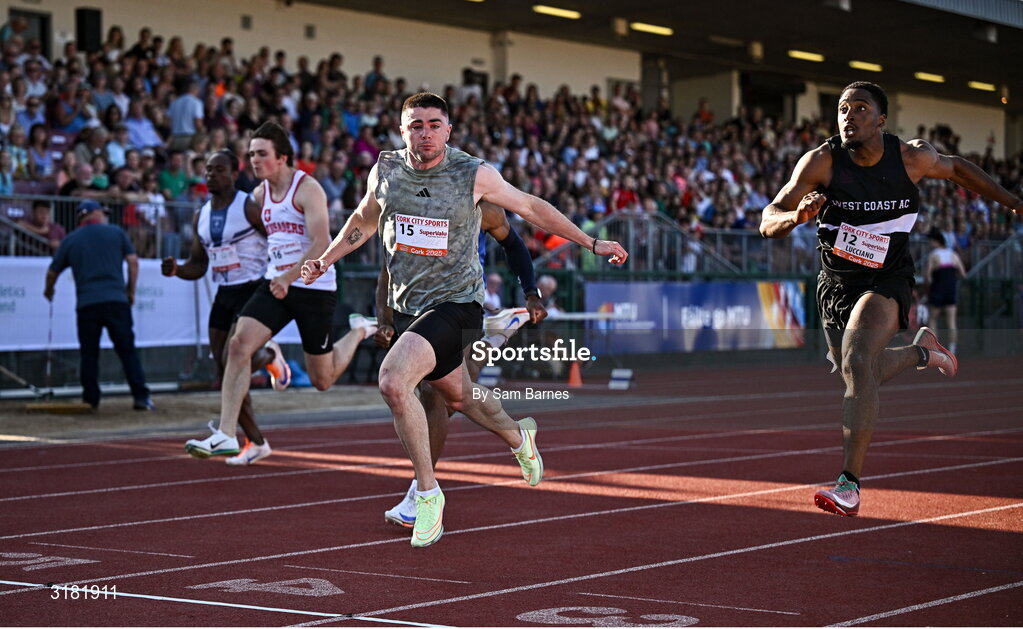 9 July 2025; Colin Doyle of Ireland celebrates after winning the SuperValu Men's 100m Race 1 during the Cork City Sports meet at MTU Arena in Cork. Photo by Sam Barnes/Sportsfile