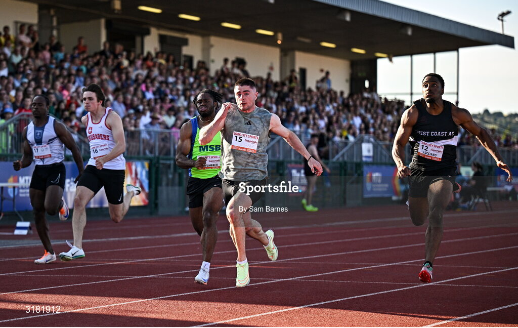 9 July 2025; Colin Doyle of Ireland, centre, on his way to winning the SuperValu Men's 100m Race 1 during the Cork City Sports meet at MTU Arena in Cork. Photo by Sam Barnes/Sportsfile