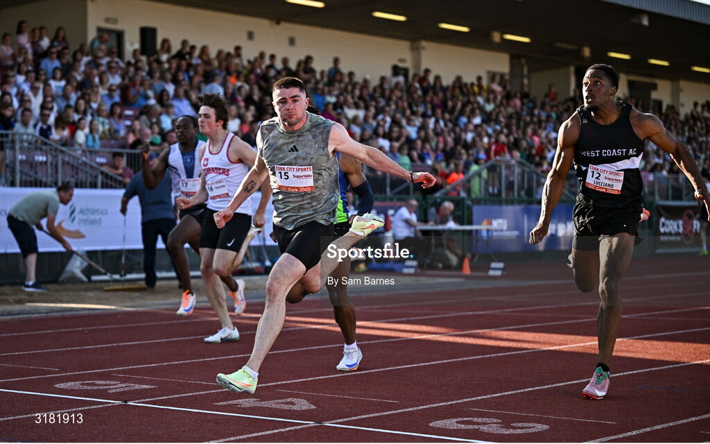9 July 2025; Colin Doyle of Ireland, centre, crosses the finish line to win the SuperValu Men's 100m Race 1 during the Cork City Sports meet at MTU Arena in Cork. Photo by Sam Barnes/Sportsfile