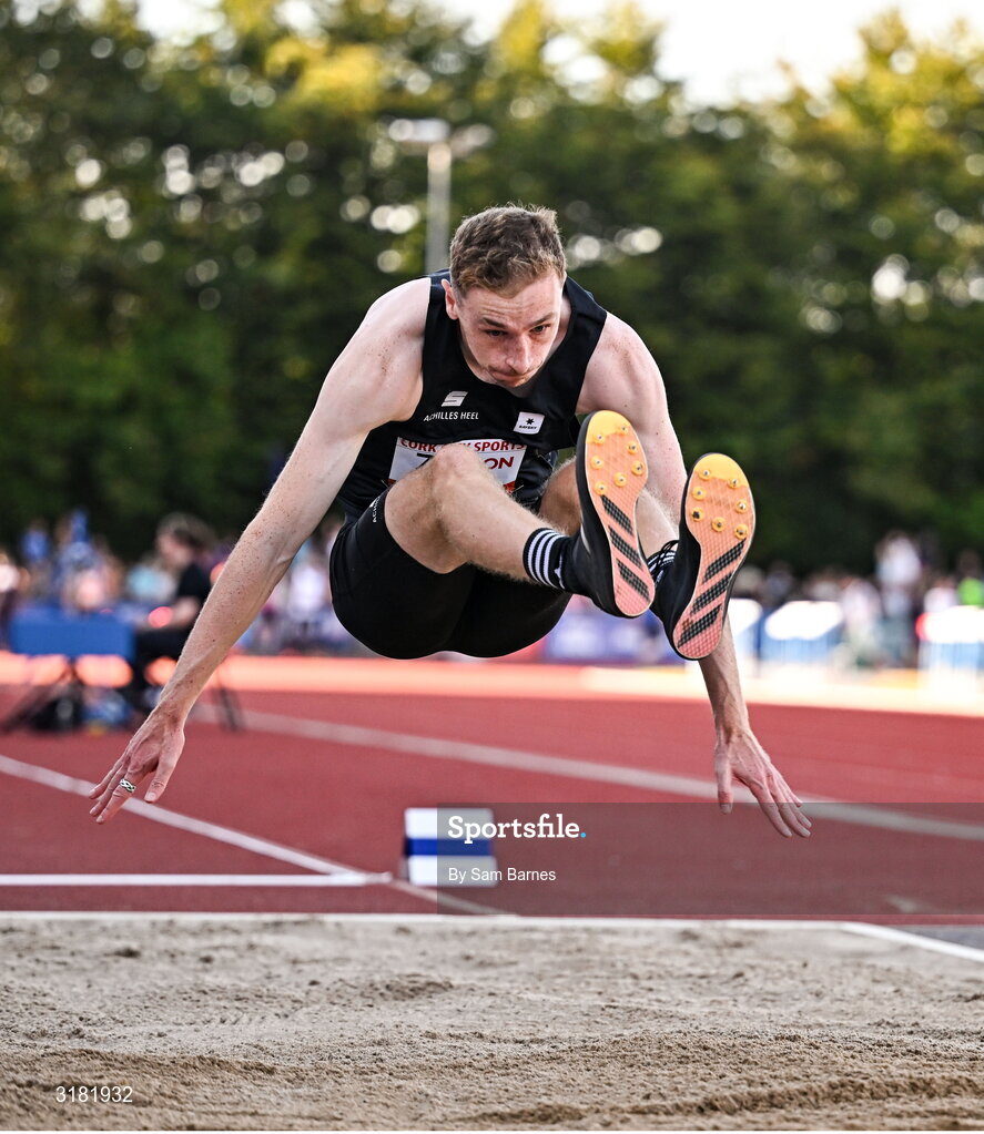 9 July 2025; Alessandro Schenni of Great Britain competes in the AON Hewitt Men's Long Jump during the Cork City Sports meet at MTU Arena in Cork. Photo by Sam Barnes/Sportsfile
