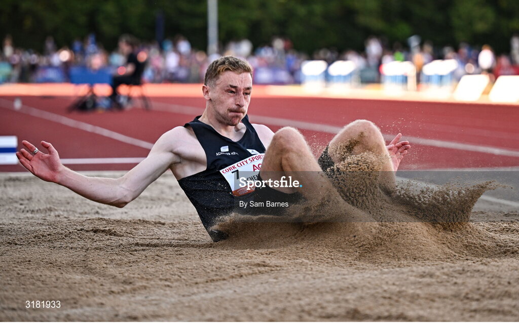 9 July 2025; Alessandro Schenni of Great Britain competes in the AON Hewitt Men's Long Jump during the Cork City Sports meet at MTU Arena in Cork. Photo by Sam Barnes/Sportsfile