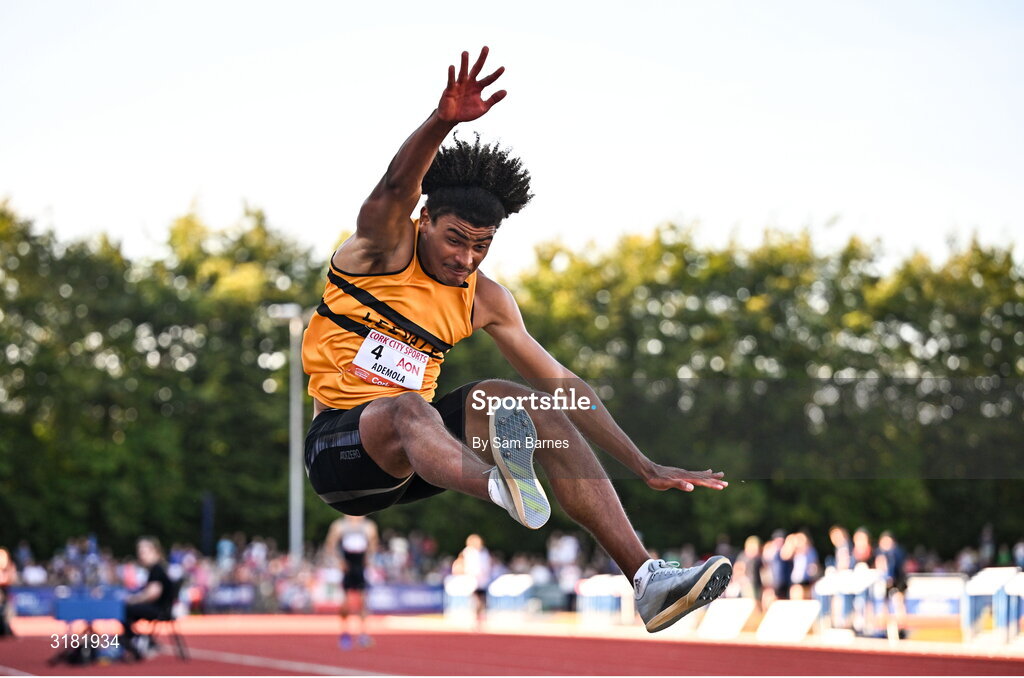 9 July 2025; Reece Ademola of Ireland competes in the AON Hewitt Men's Long Jump during the Cork City Sports meet at MTU Arena in Cork. Photo by Sam Barnes/Sportsfile