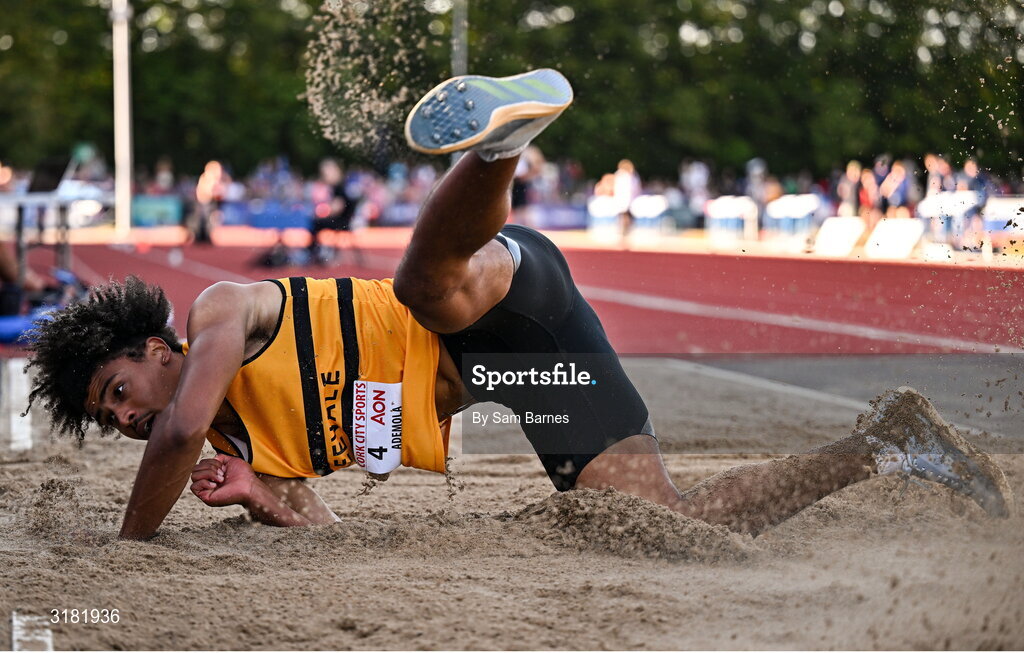 9 July 2025; Reece Ademola of Ireland competes in the AON Hewitt Men's Long Jump during the Cork City Sports meet at MTU Arena in Cork. Photo by Sam Barnes/Sportsfile