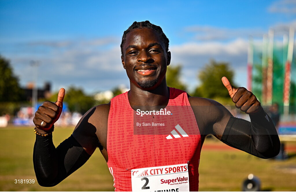 9 July 2025; Israel Olatunde of Ireland after finishing second in the SuperValu Men's 100m Race 2 during the Cork City Sports meet at MTU Arena in Cork. Photo by Sam Barnes/Sportsfile