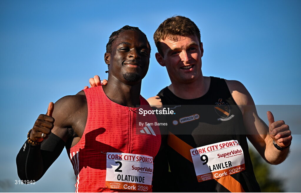 9 July 2025; Israel Olatunde of Ireland, left, and Marcus Lawler of Ireland after competing in the SuperValu Men's 100m Race 2 during the Cork City Sports meet at MTU Arena in Cork. Photo by Sam Barnes/Sportsfile