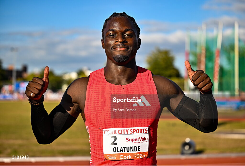 9 July 2025; Israel Olatunde of Ireland after finishing second in the SuperValu Men's 100m Race 2 during the Cork City Sports meet at MTU Arena in Cork. Photo by Sam Barnes/Sportsfile