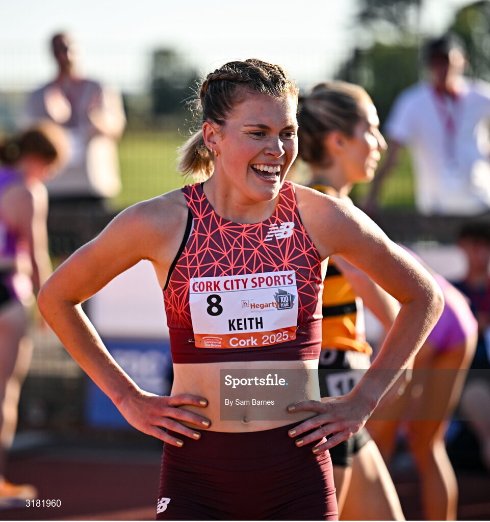 9 July 2025; Megan Keith of Great Britain after winning the PJ Hegarty Women's 3000m during the Cork City Sports meet at MTU Arena in Cork. Photo by Sam Barnes/Sportsfile