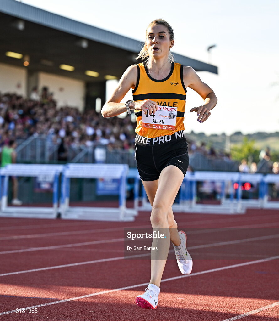 9 July 2025; Niamh Allen of Ireland competes in the PJ Hegarty Women's 3000m competes in the PJ Hegarty Women's 3000m during the Cork City Sports meet at MTU Arena in Cork. Photo by Sam Barnes/Sportsfile
